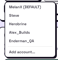 Launch as menu beside Launch, listing accounts with the default marked and an Add account action