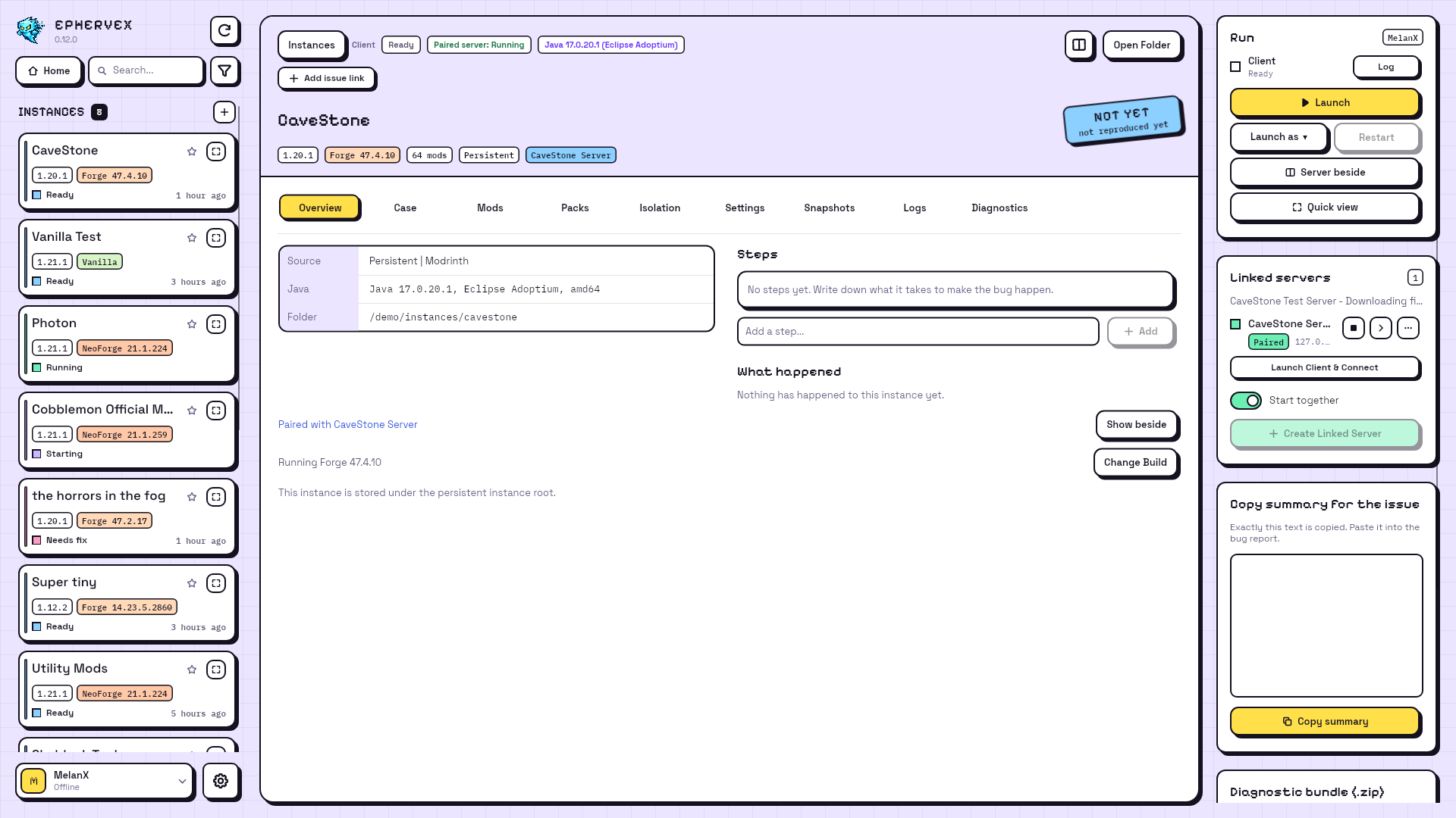 Client overview with its linked server and Launch Client & Connect action