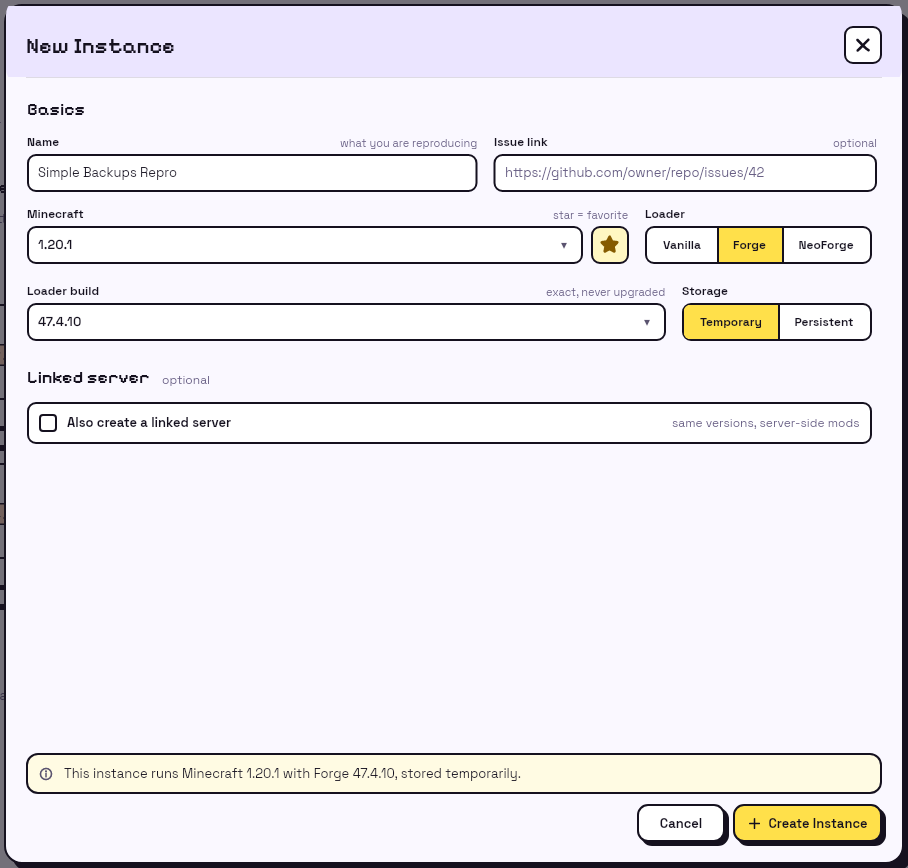 New Instance dialog: 1 marks the Minecraft release, 2 marks the Forge loader build, and 3 marks the persistent storage choice