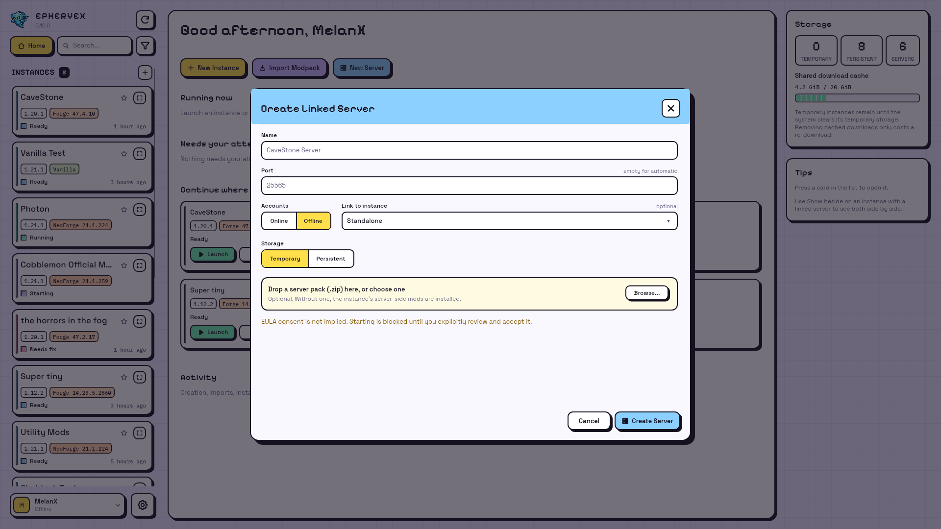 New Server dialog for a linked server, which has no version or loader choice because it inherits the client's