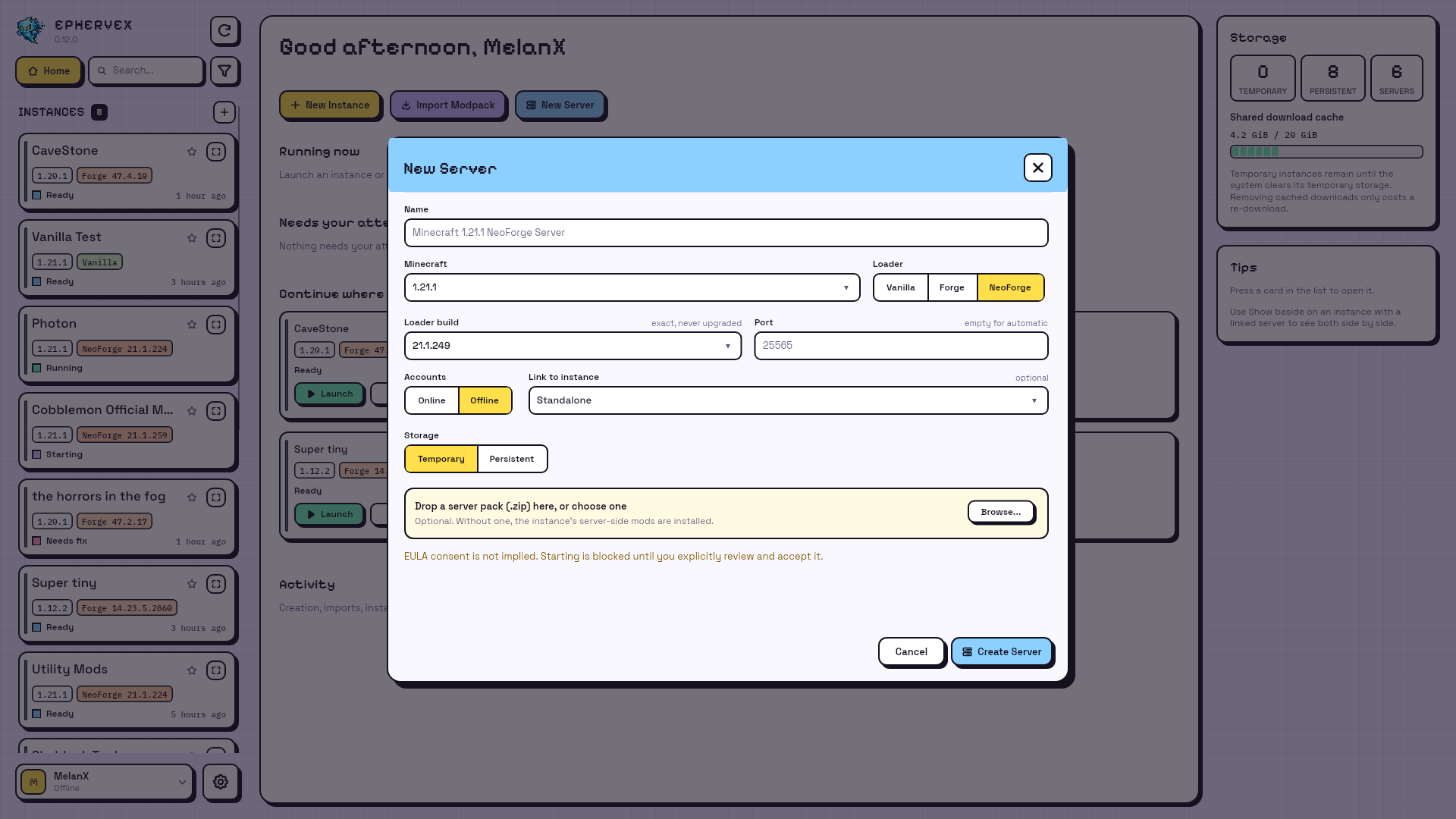 New Server dialog for a standalone server with Minecraft release, loader, and loader build choices