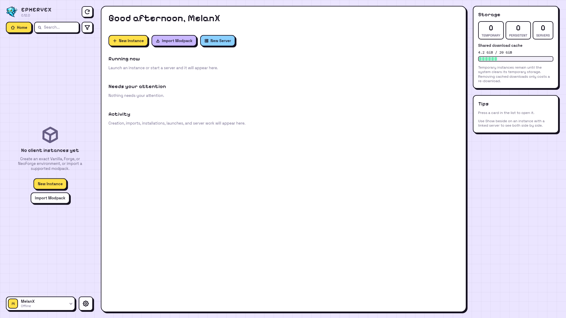 Home with an empty host list and the New Instance and Import Modpack actions