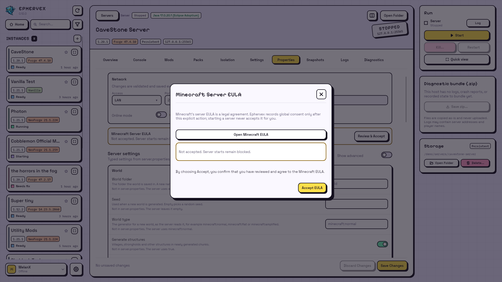 Minecraft Server EULA dialog with Open Minecraft EULA and Accept EULA