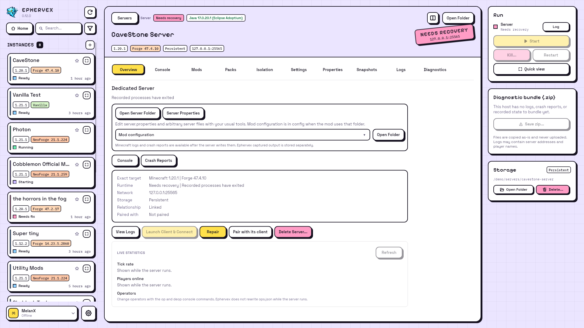 Server overview showing Needs recovery with a Repair button