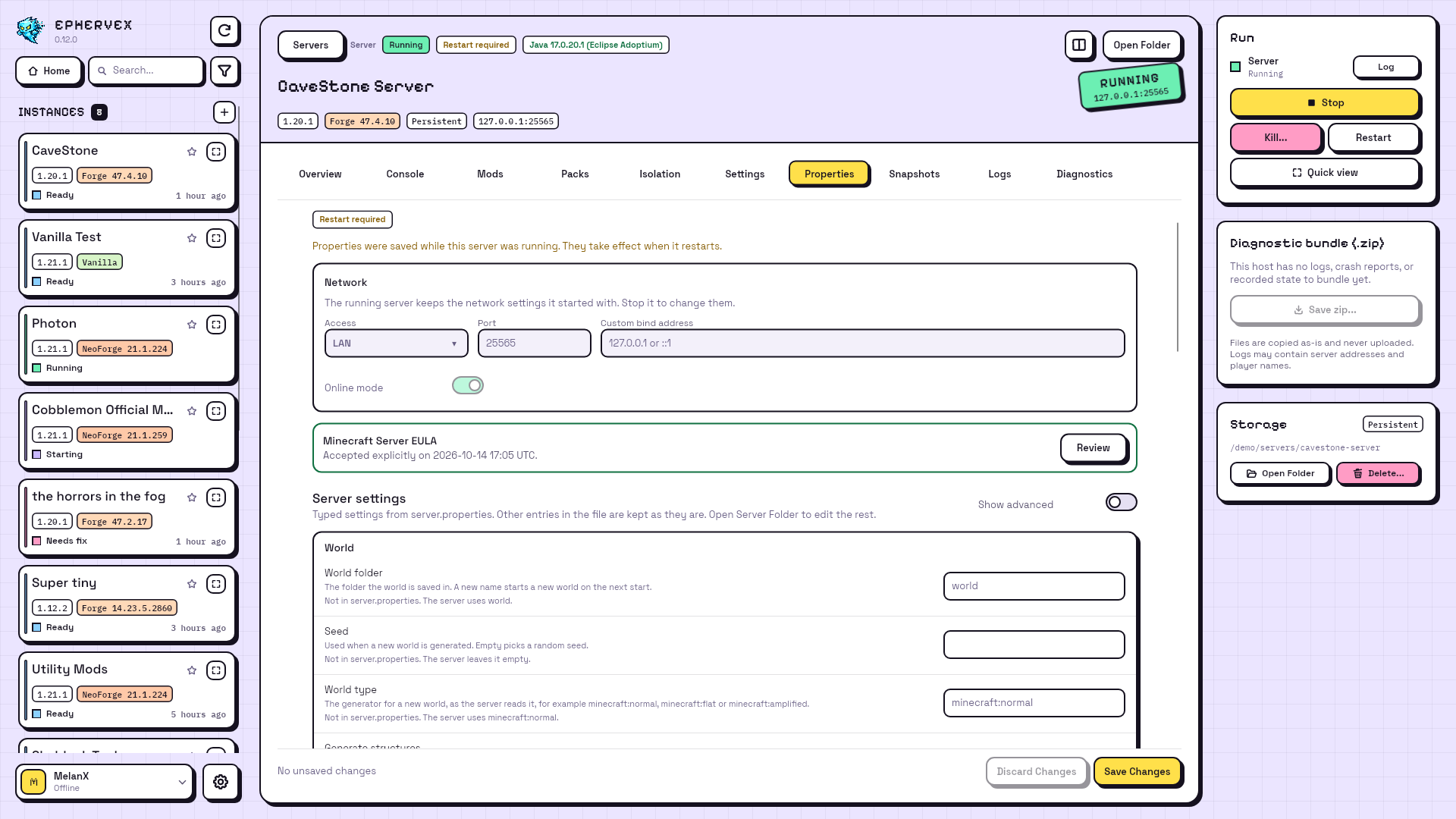 Properties of a running server marked Restart required in the header and above its locked network settings
