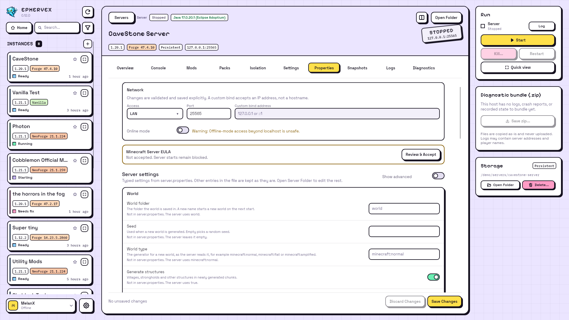 A server's Properties page with the Network and Minecraft Server EULA cards above the grouped World settings