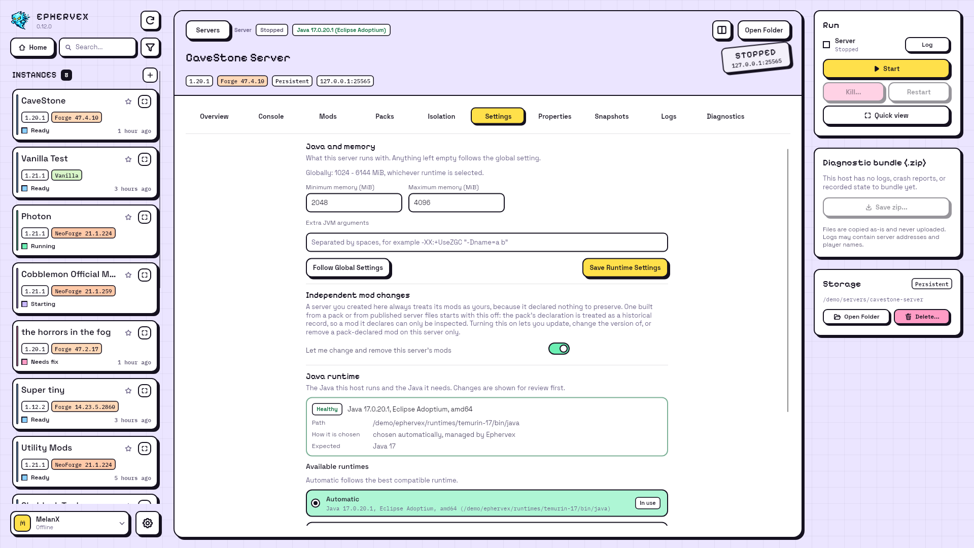 Server Settings with its own memory, Independent mod changes turned on, and the Java runtime card
