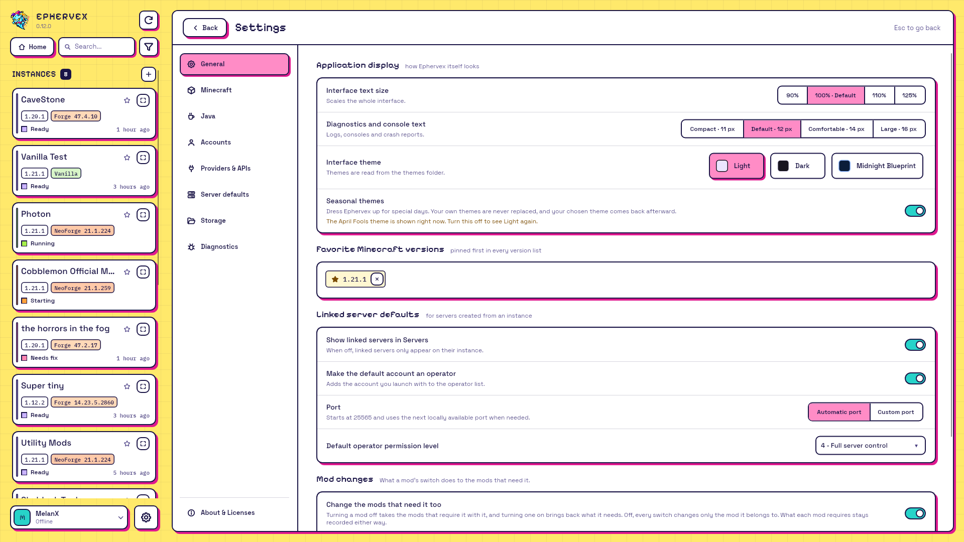 General settings in the April Fools theme, with its logo and a note under Seasonal themes naming the April Fools theme
