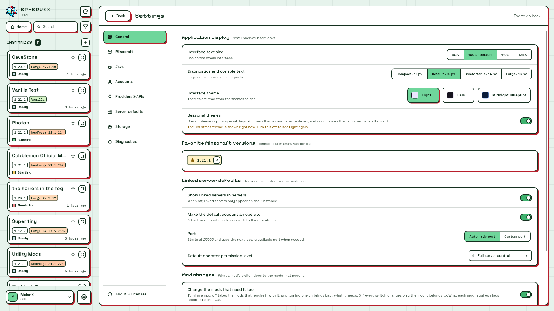 General settings in the Christmas theme, with its logo and a note under Seasonal themes naming the Christmas theme