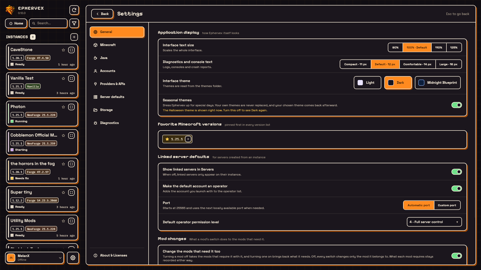 General settings in the Halloween theme, with the pumpkin-ghost logo and a note under Seasonal themes naming the Halloween theme
